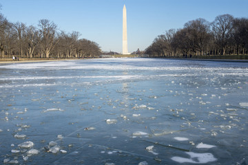 Below freezing temperatures turn the Lincoln Memorial's reflicting pool into a sheet of ice, on the National Mall in Washington DC.