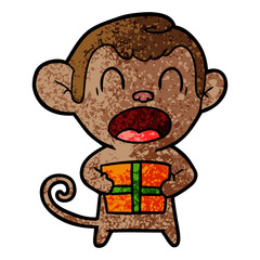 shouting cartoon monkey carrying christmas gift