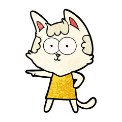 happy cartoon cat in dress pointing