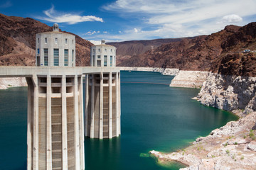 Hoover Dam Towers on the blue Lake Mead, USA