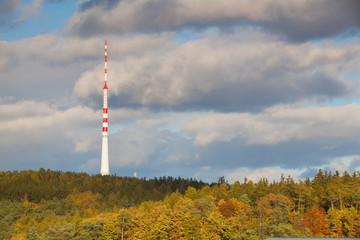 TV transmitter in the autumn forest