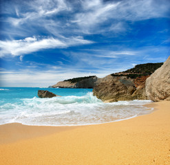 Summer rocky coastline view near Porto Katsiki beach on Ionian Sea
