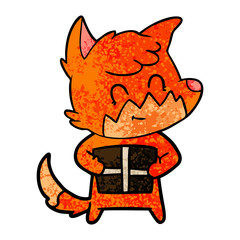 cartoon friendly fox with gift