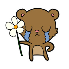 crying cartoon bear with flower