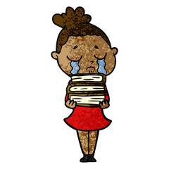 cartoon crying woman with stack of books