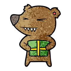 angry bear cartoon with gift