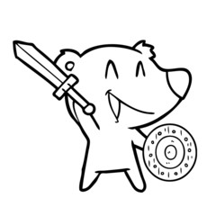 laughing bear cartoon with sword and shield