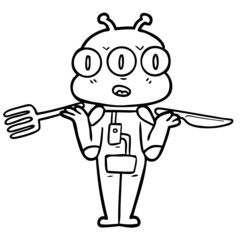 cartoon three eyed alien with knife and fork
