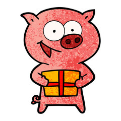 cheerful pig with christmas gift