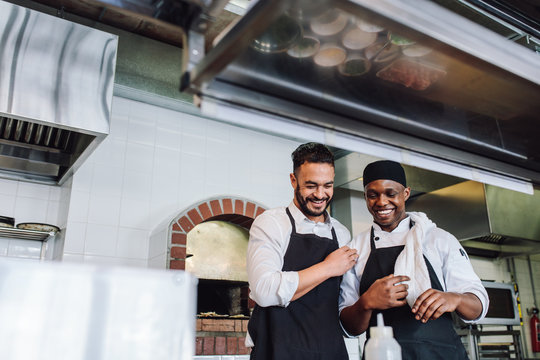 Smiling professional chefs working in restaurant kitchen