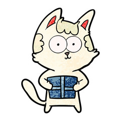 happy cartoon cat with present
