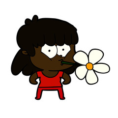 cartoon girl with flower in mouth
