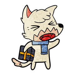 angry cartoon fox with gift