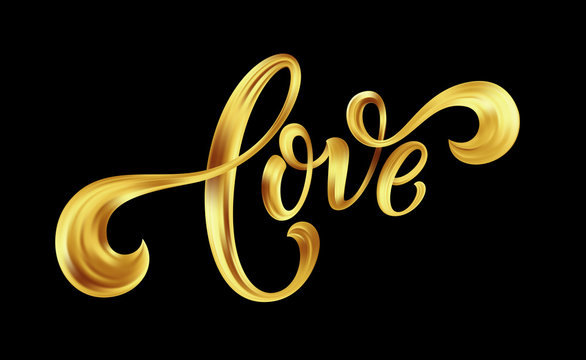 Love gold lettering text on background, hand painted letter, golden valentines day handwritten calligraphy for greeting card, invitation, wedding, save the date. Vector illustration