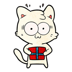 cartoon surprised cat with christmas present