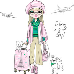 Vector beautiful fashion girl in winter clothes with suitcases, cute dog and cat travel the world on airplanes