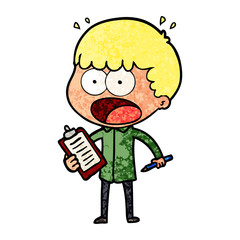 cartoon shocked man with clipboard and pen