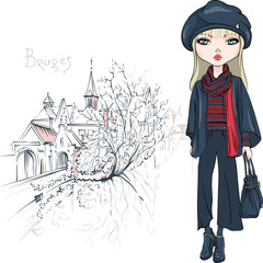 Vector beautiful fashion hipster girl in winter clothes with bag in Bruges