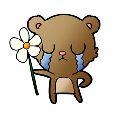 crying cartoon bear with flower