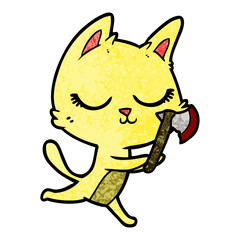 calm cartoon cat with axe
