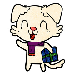 laughing cartoon dog with christmas present