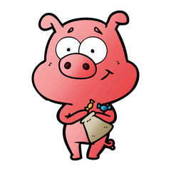 happy cartoon pig with candy