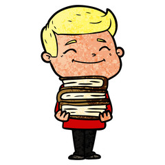 happy cartoon man with stack of books