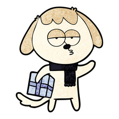 cartoon bored dog with christmas present