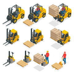 Isometric vector forklift truck isolated on white. Storage equipment icon set. Forklifts in various combinations, storage racks, pallets with goods for infographics. © Golden Sikorka