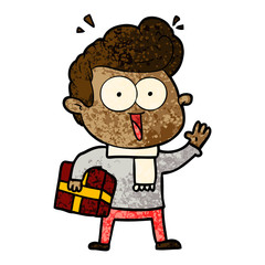 cartoon excited man with present