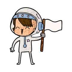 happy cartoon space girl holding flag
