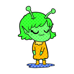 smiling alien girl cartoon in wet weather