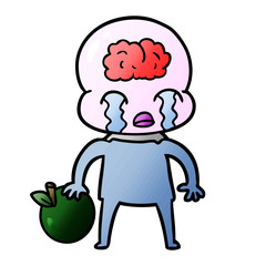 cartoon big brain alien with apple
