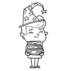 happy cartoon wizard with stack of new books