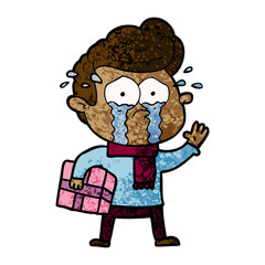 cartoon crying man with present