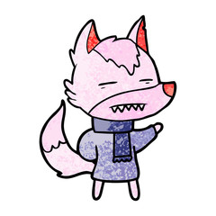 cartoon wolf in winter clothes