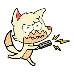 cartoon grinning fox with remote control