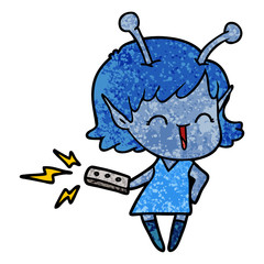 cartoon alien girl laughing with remote control