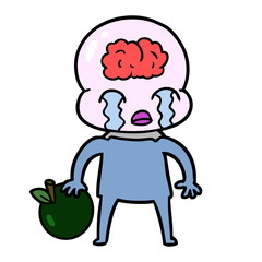 cartoon big brain alien with apple