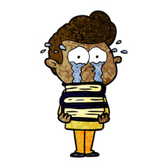 cartoon crying student with stack of books