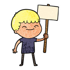 cartoon smiling boy with placard