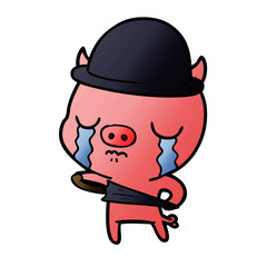 cartoon pig crying wearing business clothes