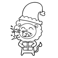 Obraz premium cartoon roaring lion with gift