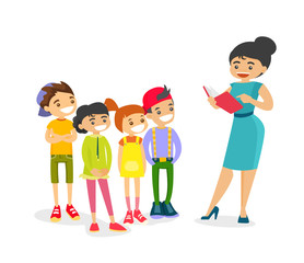 Young Caucasian white teacher reading a story book to a group of children. Happy boys and girls listening to a tutor reading a book. Vector cartoon illustration isolated on white background.