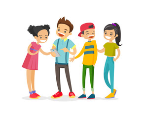 Caucasian white group of teenage friends looking at smartphone and laughing. Cheerful teenagers watching video on a smartphone. Friendship and technology concept. Vector isolated cartoon illustration.