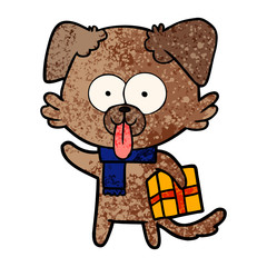cartoon dog with christmas present