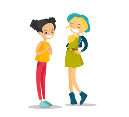 Two young Caucasian white female friends talking and laughing. Cheerful girl sharing the news with her best friend. Smiling teenage girls having a conversation. Vector isolated cartoon illustration.