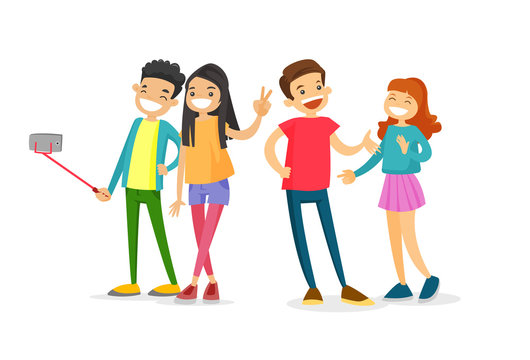 Group of Caucasian white teenage friends taking a selfie photo with a smartphone. Young people having fun and making selfie. Friendship and technology concept. Vector isolated cartoon illustration.