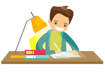 Young caucasian white schoolboy sitting at the table and doing homework at home. Boy writing in exercise book. Vector cartoon illustration isolated on white background.