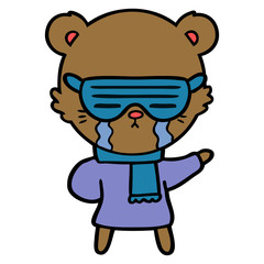 crying cartoon bear wearing rave sunglasses